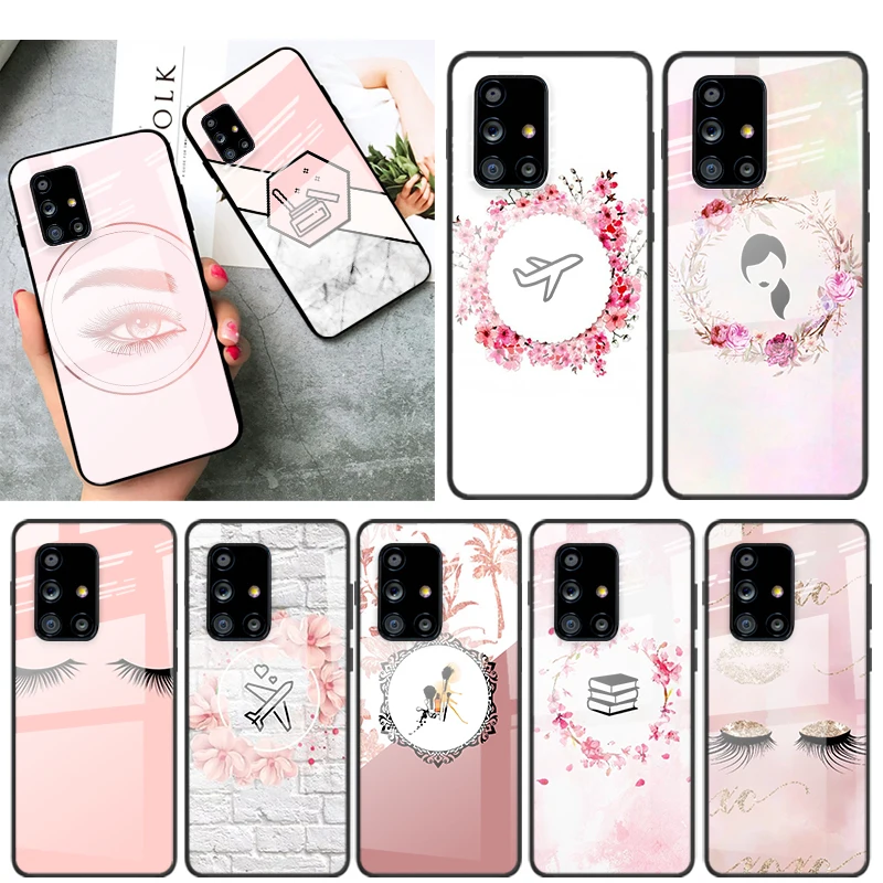

Tempered Glass Cover Pink Eyelash Print For Samsung Galaxy A91 A81 A72 A71 A52 A51 A41 A31 A21S A11 A01 Phone Case