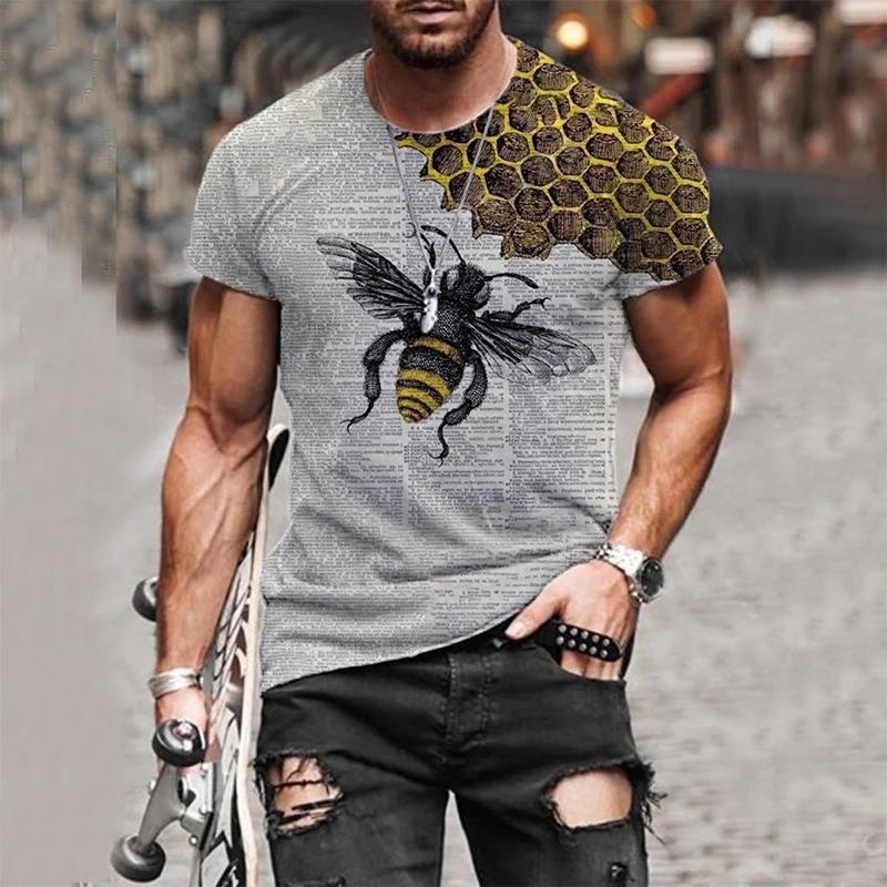 

Summer Men Short Sleeve T-shirt O-Neck Bee Printed Tops Polyester Comfortable Clothes Breathable Casual Blouse Skin-friendly Tee