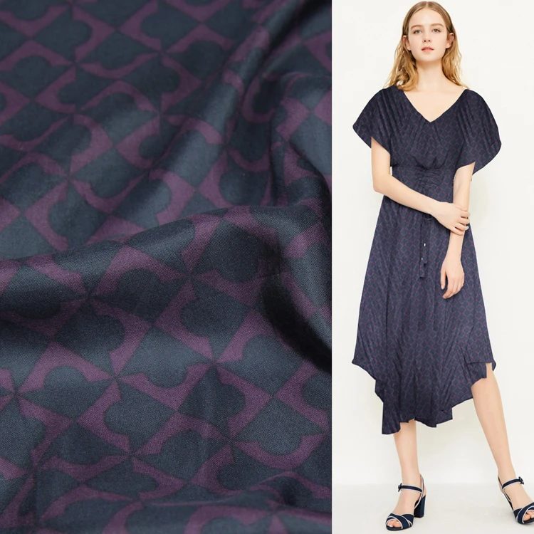 Темно фиолетовая шелковая ткань в клетку с геометрическим рисунком SHB041|Ткань| |