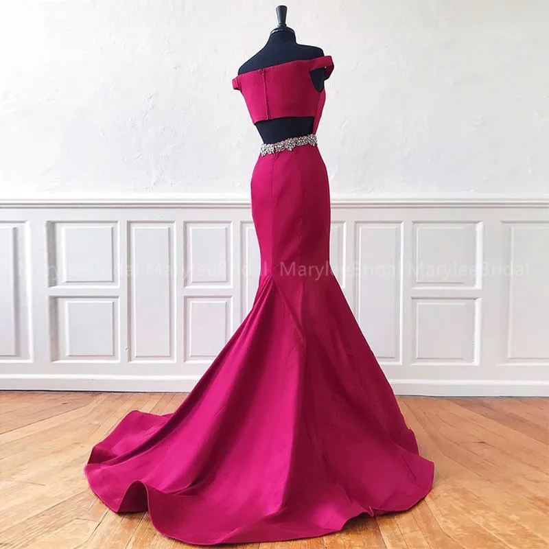

Long Mermaid Evening Dresses Off Shoulder Beaded Belt Burgundy Prom Gowns Satin vestido de noite Sweep Train Evening Party Gowns
