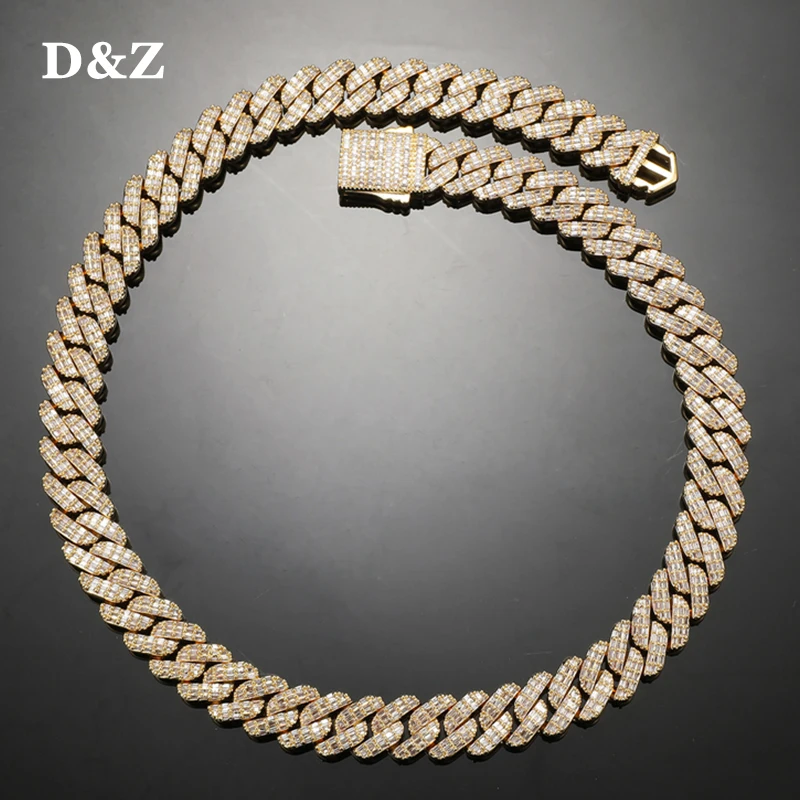

D&Z 14MM Baguette Cuban Link Chain Necklace Spring Buckle Iced Out AAA Cubic Zircon Stones For Men Women Jewelry