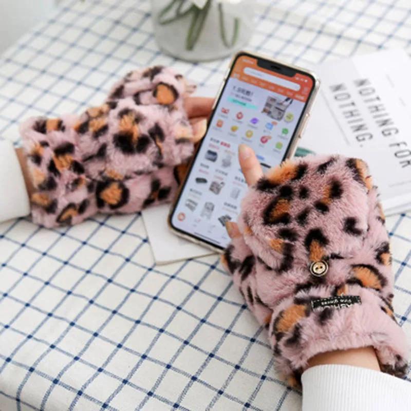 Женские зимние перчатки на полпальца плюшевые теплые с откидной крышкой для