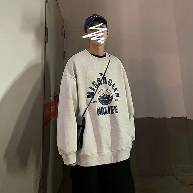 

Толстовка мужская с круглым вырезом, свободная уличная одежда, модная куртка в Корейском стиле с надписью, плотный флисовый пуловер с длинн...