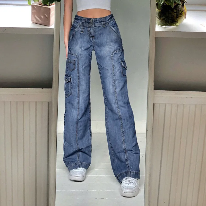 

Fall Jeans Fashion Bleached Multi-pocket Woman Cargo Denim Pants Girl Blue Jeans Straight Leg Jeans Y2k Streetwear Women Jeans