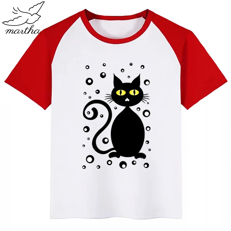 Kids Black Cat Print Funny T-shirt Summer Short Sleeve Tops Children Cartoon Tshirt Baby Clothes | Мать и ребенок