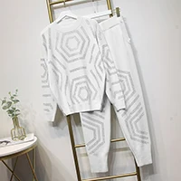 HIGH STREET стильный подиумный костюм набор женский со стразами украшенный бисером пуловер Свободный свитер вязание брюки набор - Цвет: Белый