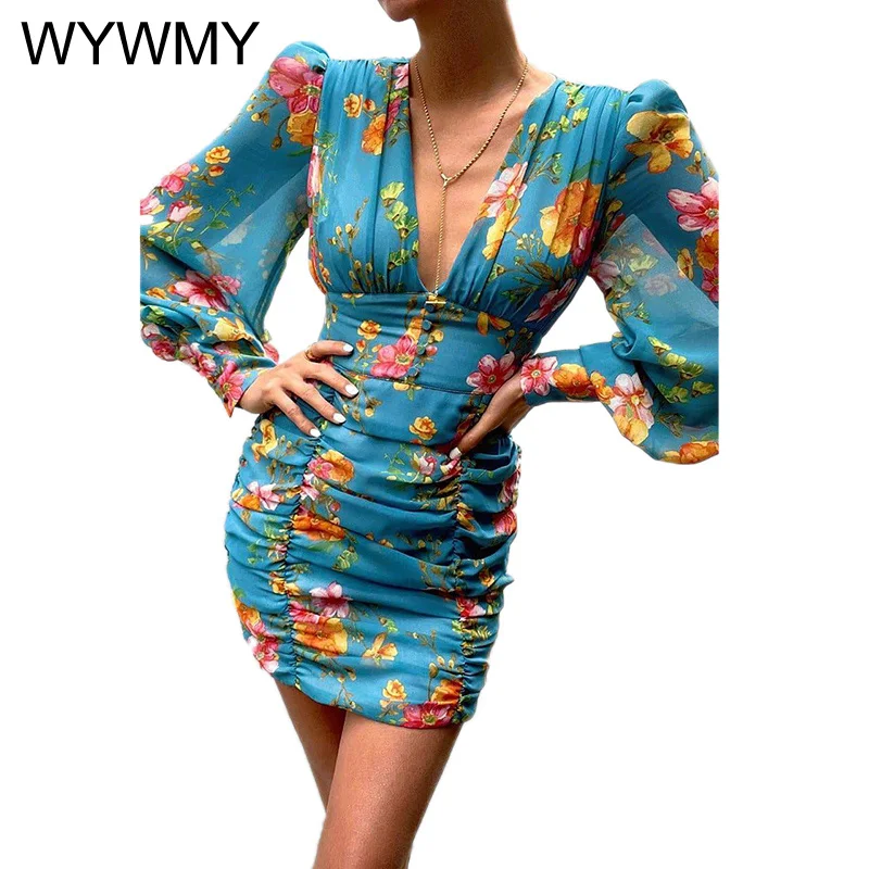 

Sexy Summer Women Dress Floral Print High Wasit V Neck Autumn Elegant Slim Lantern Long Sleeves Bodycon Dresses For Women 2021