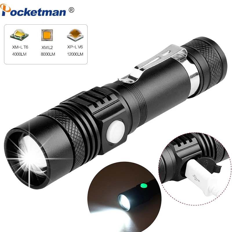 

20000LM Super Bright Led flashlight USB linterna Led torch T6/L2/V6 Power Tips Zoomable Outdoor Bicycle Light 18650 Rechargeable