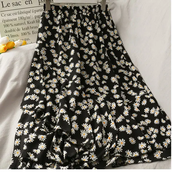 

Medium length chiffon skirt women's summer 2021 new high waist A-line small fresh floral irregular Ruffle Skirt