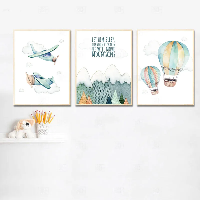 

Child Adventure Poster Print Watercolor Artwork Airplane Balloon Canvas Painting Wall Picture Nordic Kids Boy Bedroom Decoration