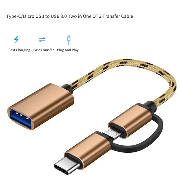 2 в 1 USB OTG кабель Type C/Micro к адаптеру 3 0 плетеный дизайн передачи данных для телефона