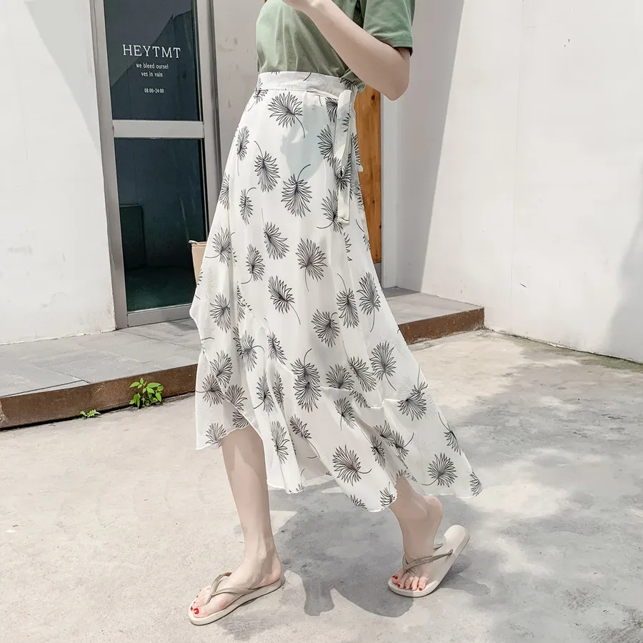

Floral Skirt Women 2021 Summer Chiffon High Waist Irregular Mid-long Skirt Office Lady Ruffles Slim Casual A-line Skirt