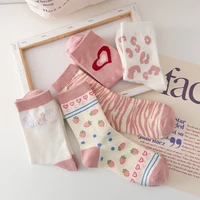1 pair japanese stripe love socks pink cute harajuku socks women cotton leopard print cartoon kawaii woman socks tube sock sox