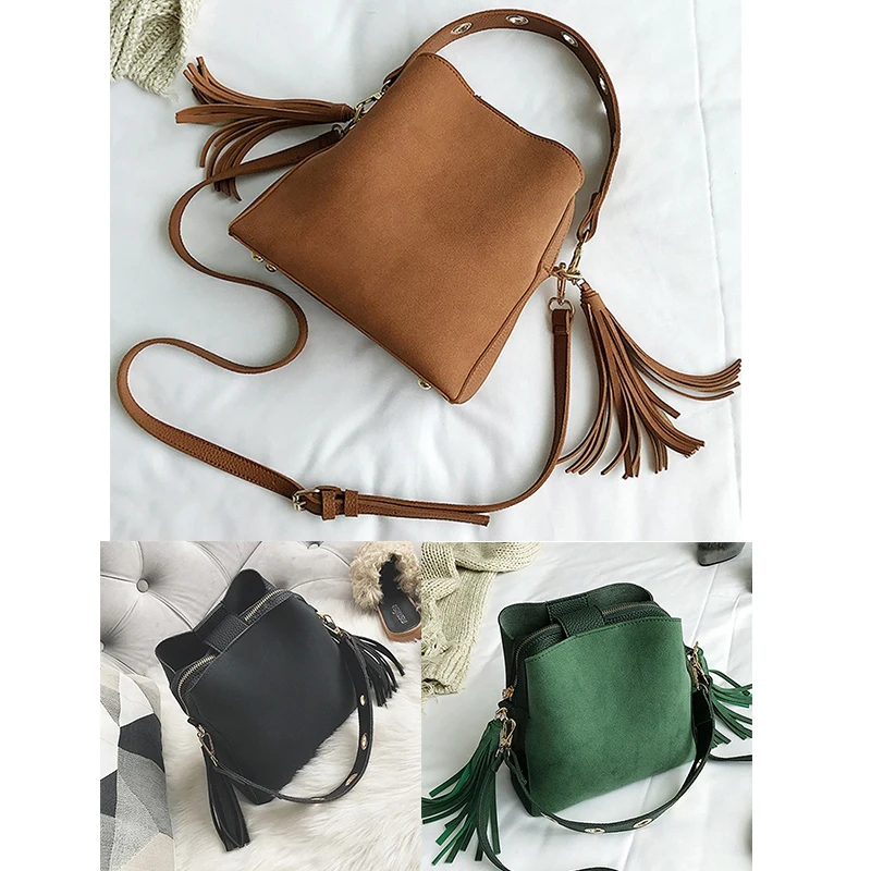 Модная женская сумка ведро винтажная мессенджер с кисточками