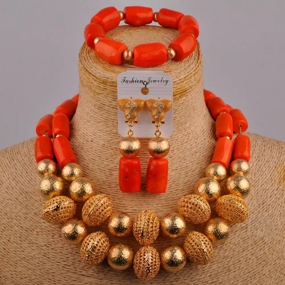

Orange Natural Coral Bead Necklace Wedding Dress Accessories Nigerian Bride Bridal Jewelry African Ladies Jewelry Set AU-277
