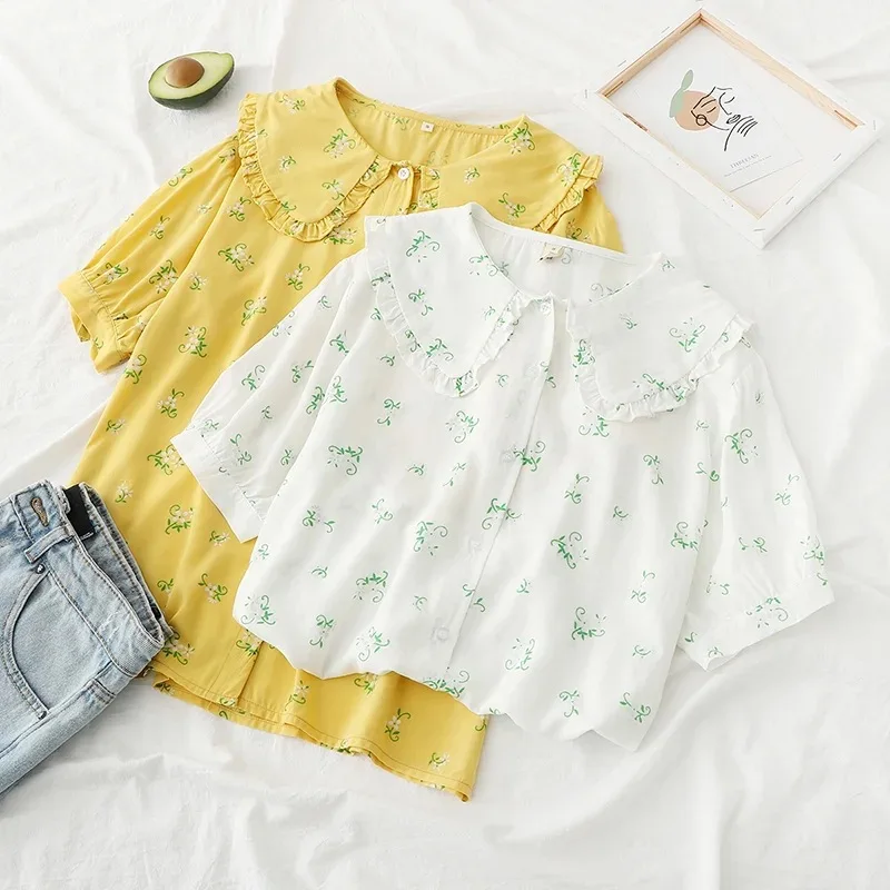 

Women Summer Blouse Shirts Korean Sweet Peter Pan Collar Ruffles Patchwork Short Sleeve Floral Print Cotton Blusas for Student