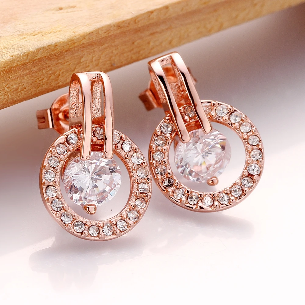 

ZEMIOR Round Rose Gold Stud Earrings For Women Dazzling Clean Cubic Zirconia Earring Anniversary Fashion Jewelry Free Shipping