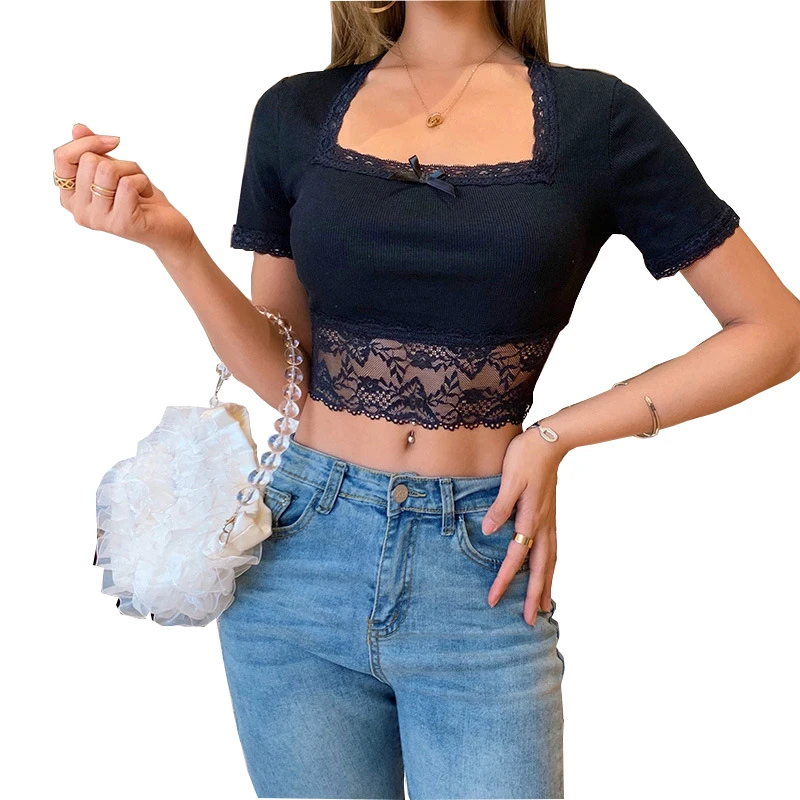 

Sexy Lace Splicing Sexy Short Square Collar Top Women's Summer 2021 New Women's Lace Short Sleeve T-shirt