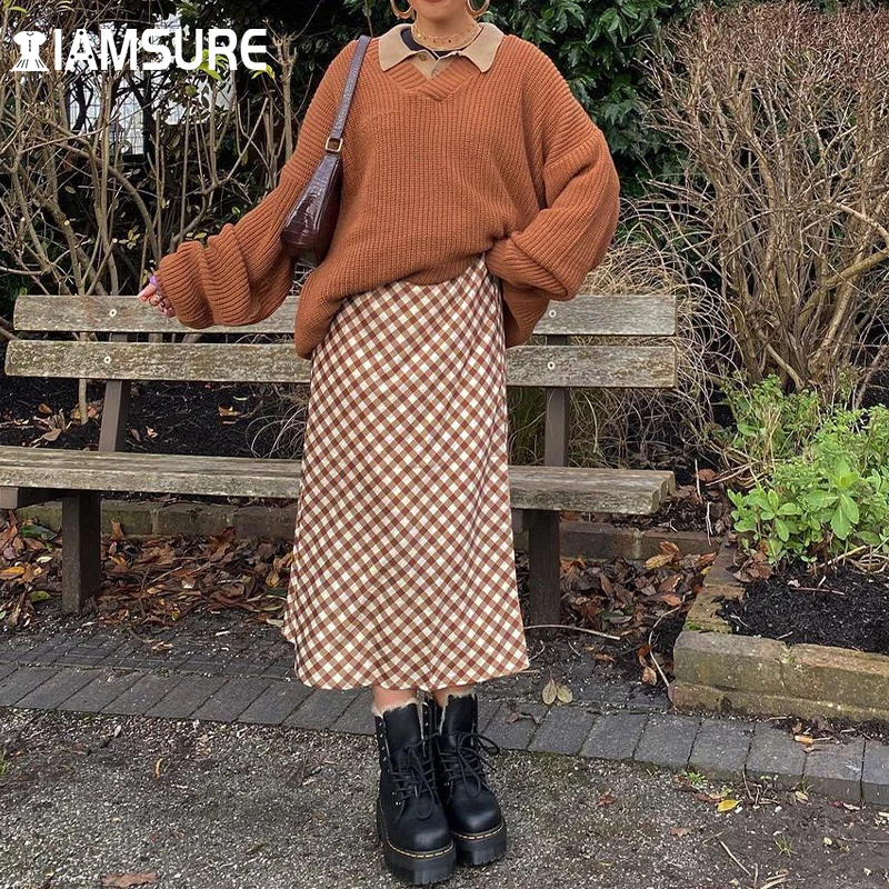 

IAMSURE Vintage Long Plaid A-Line Skirt Women 2021 Fashion Casual Streetwear Slim High Waisted Skirts 90S Elegant Y2K Aesthetic