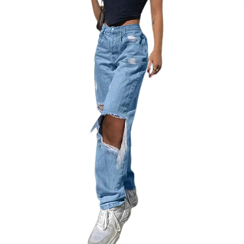 

Women Ladies Ripped Denim Frayed Pants Knee Hole High Waist Straight Trousers
