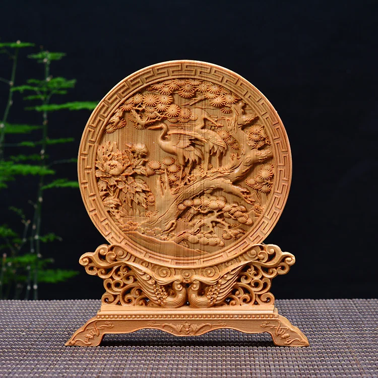 

Wood carving crane and pine, wood crafts gift Home desktop decoration office ornaments (A1038)
