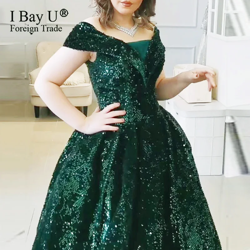 

Sequin Green Dubai Evening Dress 2020 Saudi Arabic Off the Shoulder Formal Dress Elegant Long Party Prom Dresse