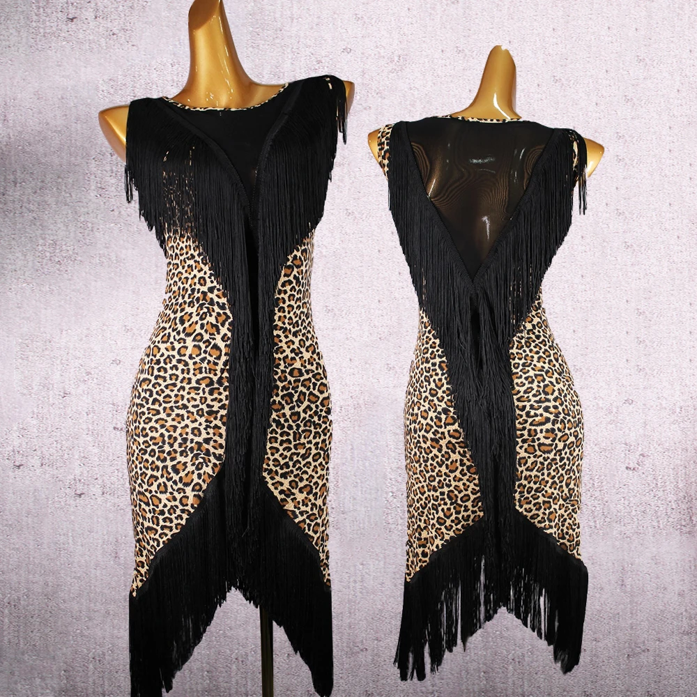 Платье для латиноамериканских танцев с бахромой V образный Леопардовый Костюм