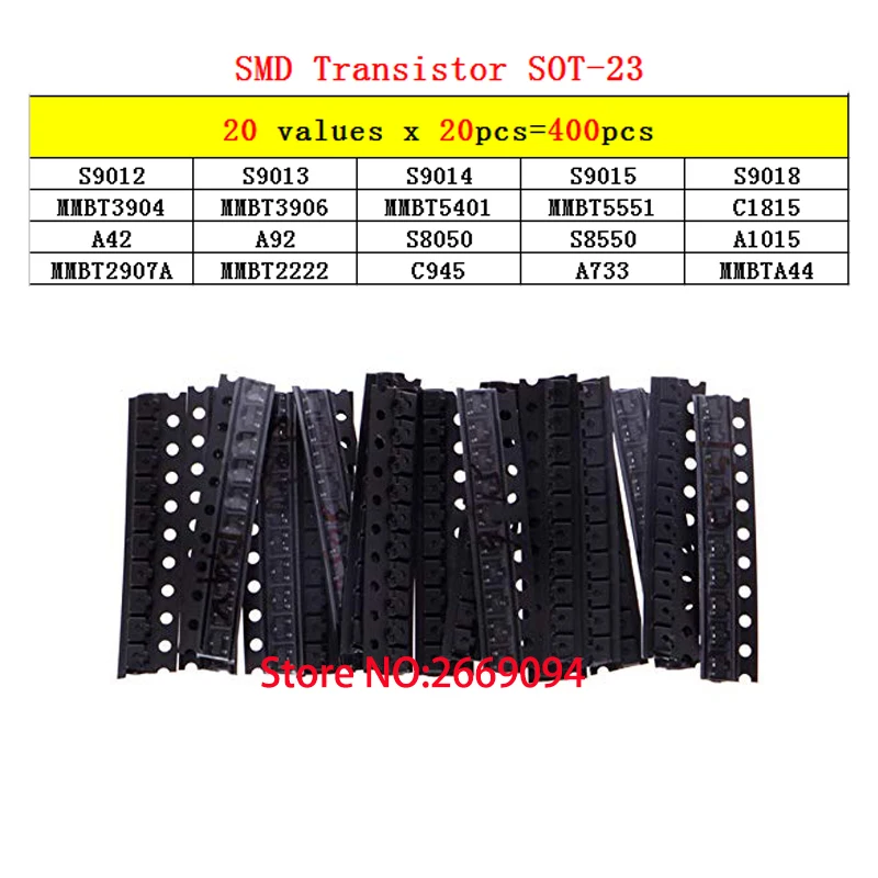 20 значений * шт. = 400 S9012 S9013 S9014 S9015 S9018 S8050 S8550 2SC945 2SA733 A1015 MMBT3904 MMBT3906 SOT 23 комплект