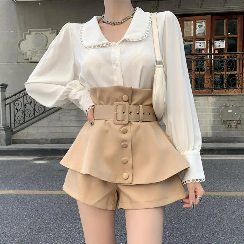 

Autumn Women's Shorts Two-piece Fashion White Lace Stitching Long-sleeved Shirt + High Waist Waist Belt Shorts Set
