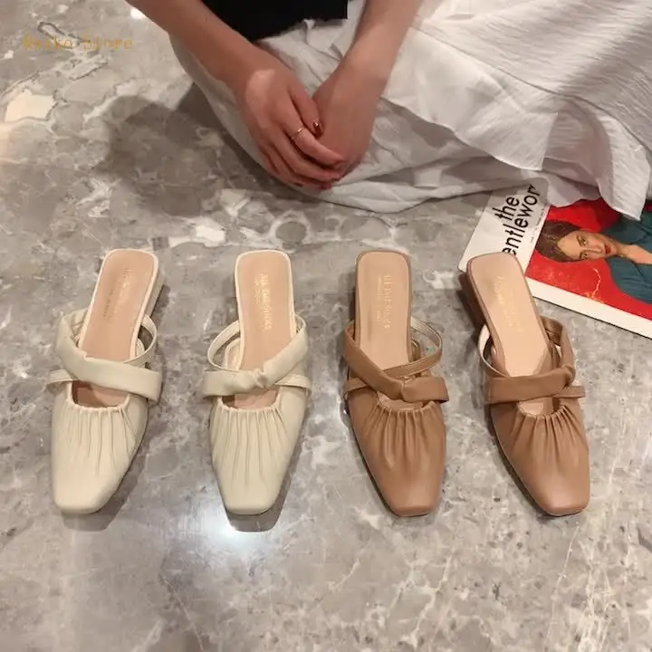 

Summer New Toe Cap Slipper Women's Shoes Pu Closed Toe Rubber 2021spring Square Heel Low Heel fashion shoes