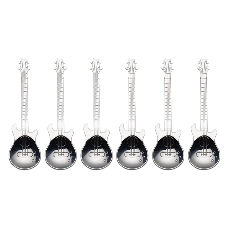 

Promotion! Guitar Coffee Spoons 6-Pack Creative Cute Spoons Stainless Steel Teaspoons Stirring Spoon Guitar Shaped(Silver)