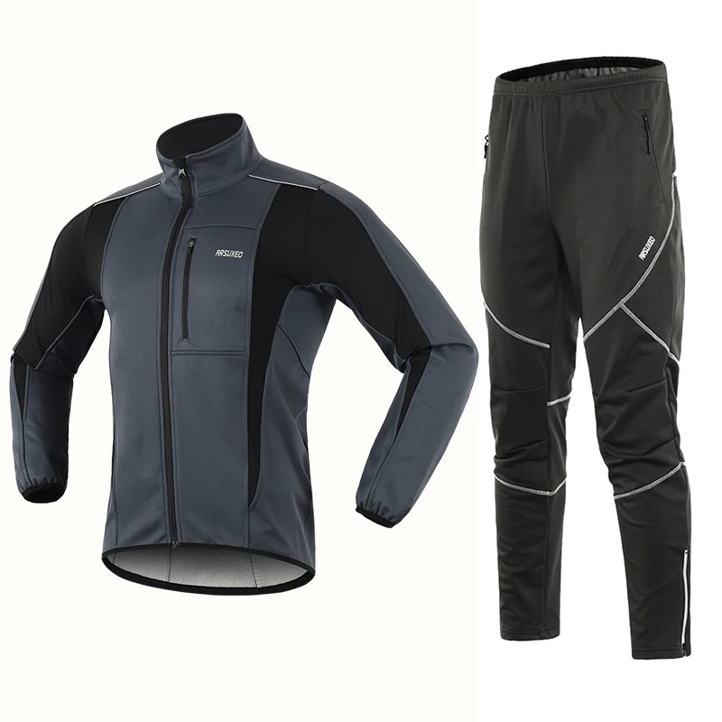 gray15k18y ARSUXEO, Мужская зимняя велосипедная куртка, комплект, ветрозащитная, водонепроницаемая, термальная спортивная одежда, велосипедные штаны, брюки, велосипедные костюмы, одежда 15kk - Цвет: gray15k18y