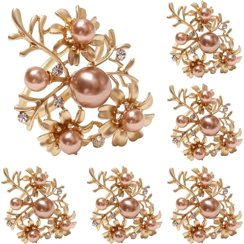 

Wedding Holiday Gold Napkin Rings Set Of 6 With Flowers Pearl Leaves Rhinestone Napkin Ring Party Decorations ​