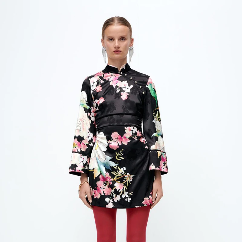 

Uniera 2021 Za женское раннее осеннее мини-платье на пуговицах с цветочным принтом Тонкое с длинным рукавом женское модное платье чонсам