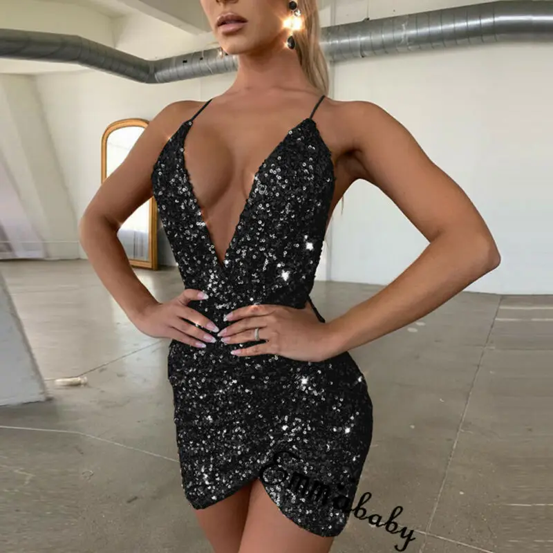 Женское мини-платье с открытой спиной блестками и глубоким v-образным вырезом