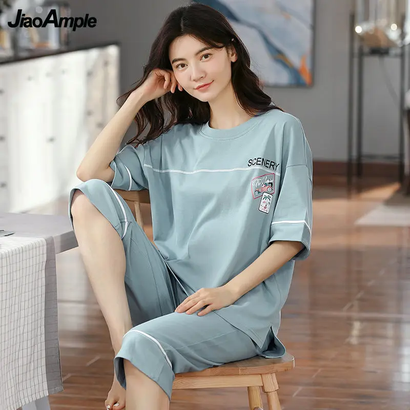 Pajamas Women's Summer 100% Cotton Short-sleeved Cropped Trousers Pijamas Two-piece Korean Loose Homewear Cute Sleepwear Set