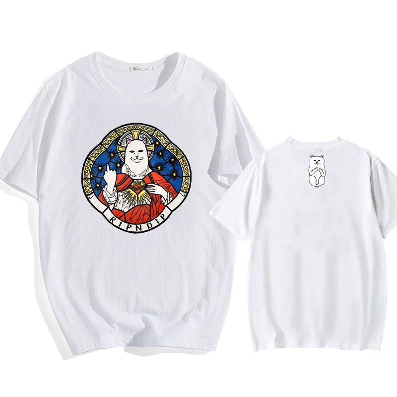 

New Fashion Super Magic RIP CAT T Sleeve White Grey Pink T shirt Adult children daily Leisure O-Neck oversized t shirt