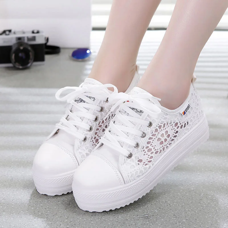 

FAKUNTN 2021 fashion summer casual white shoes cutouts lace canvas hollow breathable platform flat shoes woman sneakers