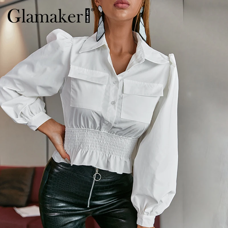 

Женская блузка с оборками и карманами, с пышными рукавами