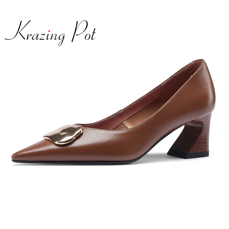 

krazing pot cow leather pointed toe high heels metal decorations European style mature young lady elegant spring women pumps L36