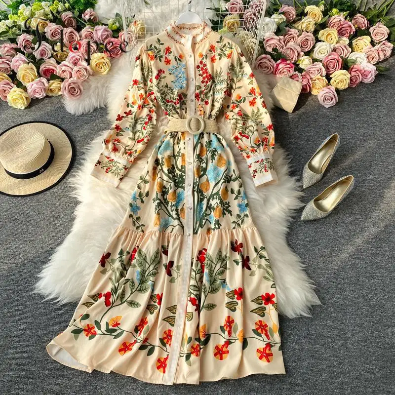 Элегантное платье в стиле ретро Уличная одежда с цветочным принтом Модные тонкие
