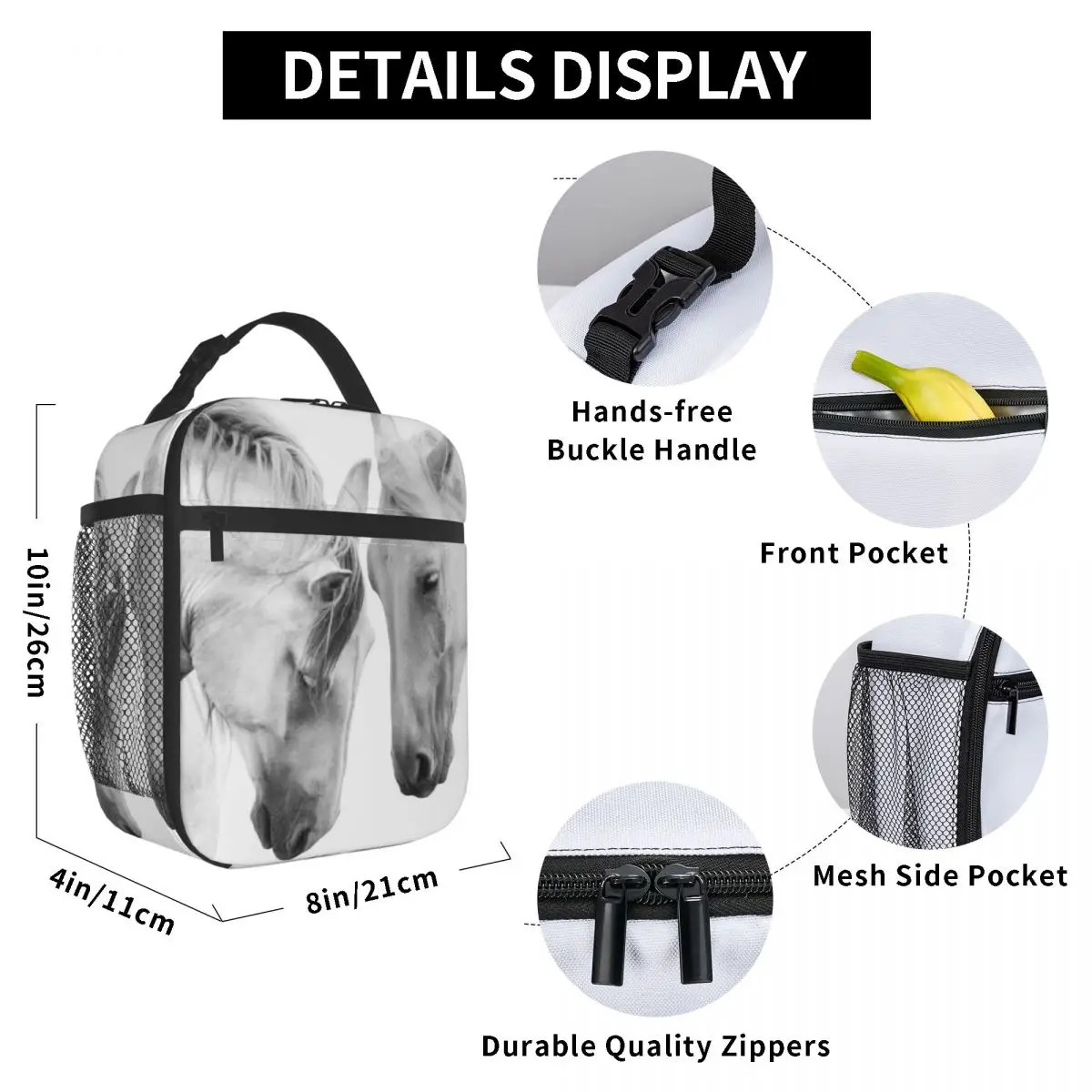 

Beautiful White Horses Lunch Bag for Women Men Large Insulated Lunch Box with Water Bottle Holder and Pockets