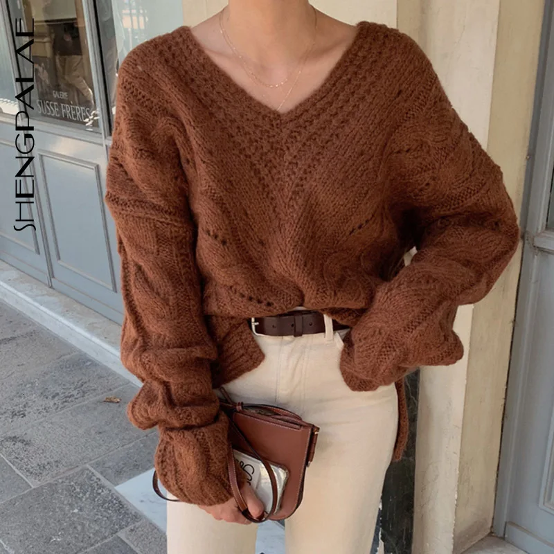 SHENGPALAE 2020 New Fashion Autumn Winter V-neck Loose Casual Pullovers Women Long Sleeve Korean Version Vintage Sweater FT680 | Женская