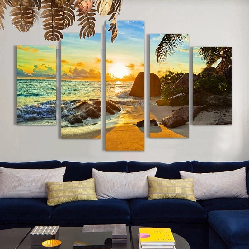 

Wall Art Printed Poster Pictures Home Decoration 5 Panel Modern Ocean Sunset Beach Seascape Canvas Paintings Living Room Frame