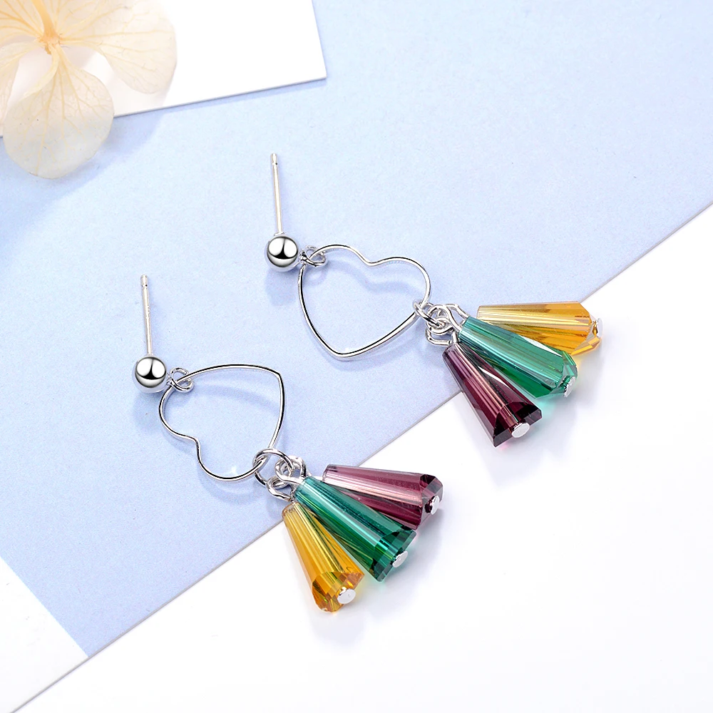 Женские серьги с разноцветными кристаллами и кисточками из стерлингового