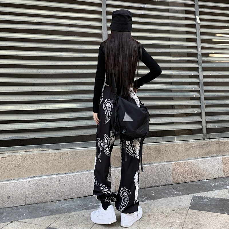 

Harajuku Womens Print Trousers Drawstring High Waist Wide Leg Casual Fashion Ins Hipster All-Match Sweatpants 2021 New Korean
