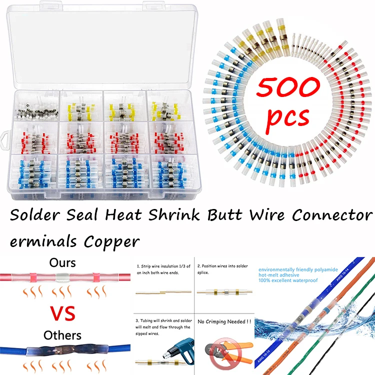 

500pcs Solder Seal Heat Shrink Butt Wire Connector Terminals Copper