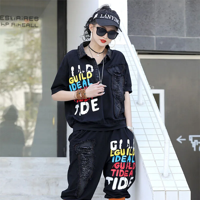 

2021 INS New POLO Shirt Trendy Girls Street Summer Tops Denim Patched Letters Print Stylish Tees Holes Decoration Women T Shirt