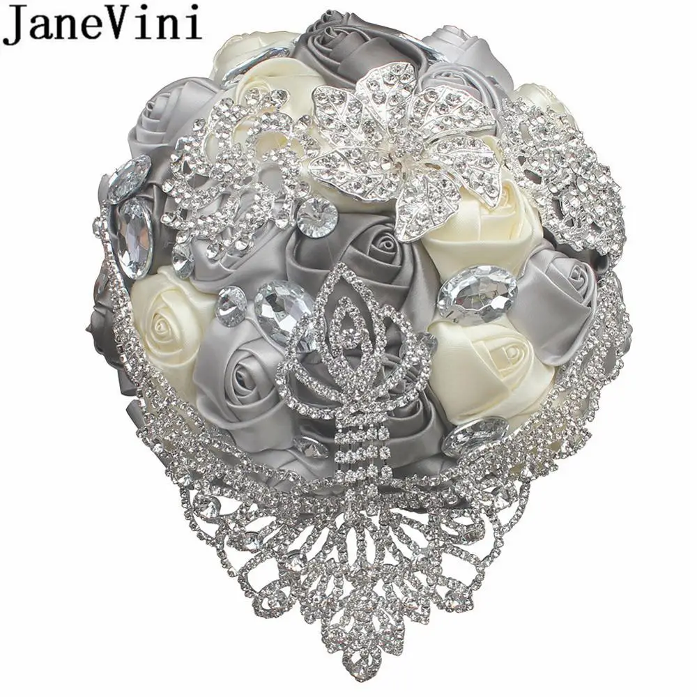 JaneVini Luxury Silver Rhinestone Wedding Bouquet Charm Gray Beaded Crystal Satin Bridal Flowers Bouquets Weeding Accessoire | Свадьбы и
