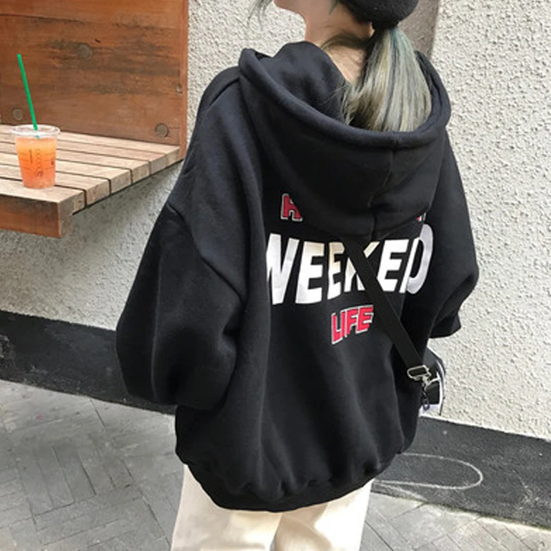 

Hoodies Women Letter Printed Loose Hooded Trendy Pockets Plus Velvet Sweatshirts Womens Korean Style Harajuku All-match Chic
